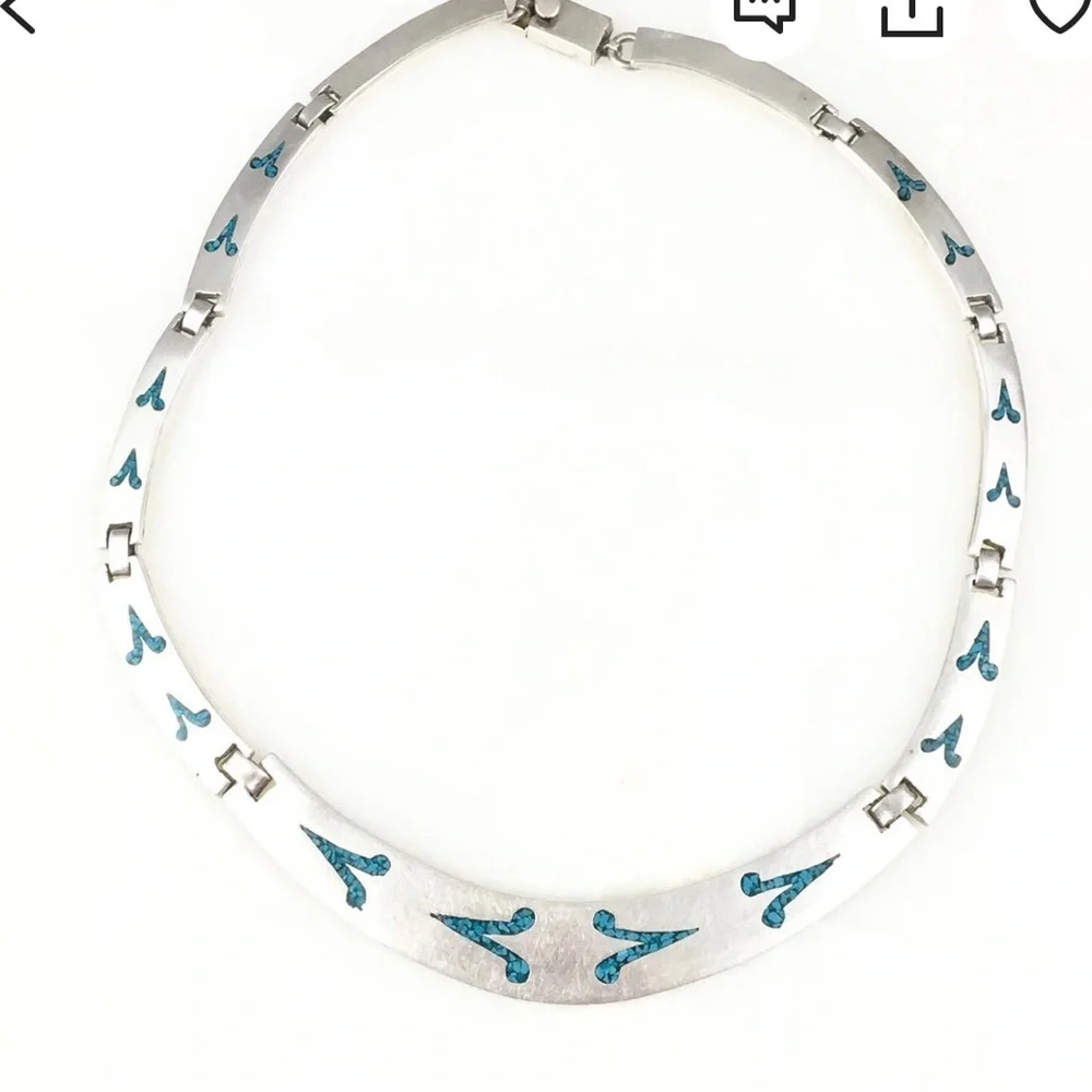 Vintage 925 Mexico Sterling Silver Taxco Turquoise Collar Necklace - Picture 1 of 1